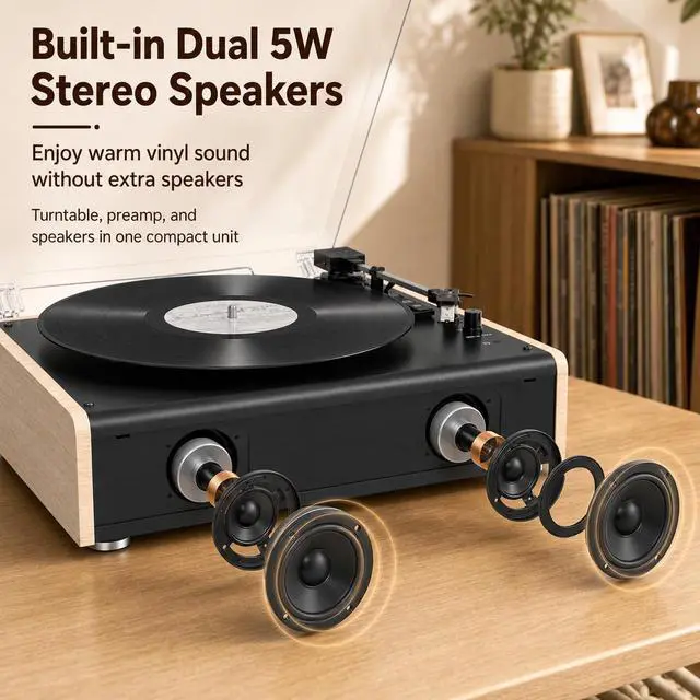 Alt view image 4 of 7 - Bluetooth Vinyl Record Player with Built-in Stereo Speakers, 3-Speed Belt-Drive Turntable for 7/10/12 Inch Vinyl Records, Magnetic Cartridge, RCA Out, AUX in, Headphone Jack, Vintage White Phonograph