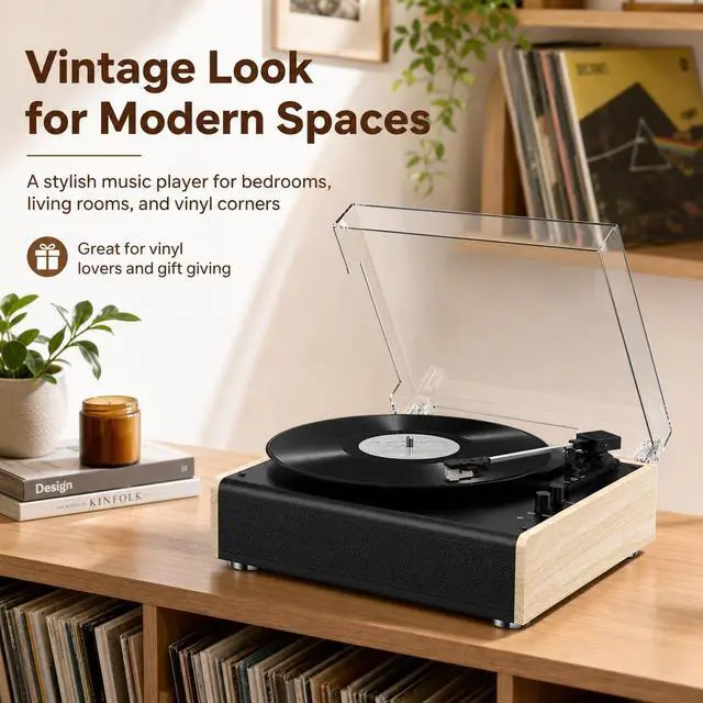 Alt view image 6 of 7 - Bluetooth Vinyl Record Player with Built-in Stereo Speakers, 3-Speed Belt-Drive Turntable for 7/10/12 Inch Vinyl Records, Magnetic Cartridge, RCA Out, AUX in, Headphone Jack, Vintage White Phonograph