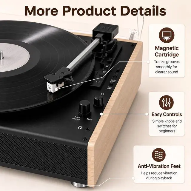 Alt view image 7 of 7 - Bluetooth Vinyl Record Player with Built-in Stereo Speakers, 3-Speed Belt-Drive Turntable for 7/10/12 Inch Vinyl Records, Magnetic Cartridge, RCA Out, AUX in, Headphone Jack, Vintage White Phonograph