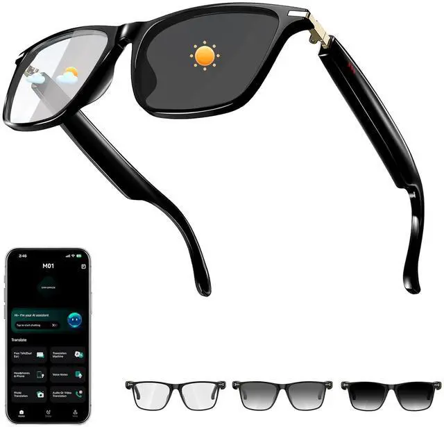Main image of AI Smart Glasses with ChatGPT, Bluetooth Glasses with 164+ Language & Accents, Photochromic Lens, Open-Ear Audio, Music & Hands-Free Calls, Voice Control, UV & Blue Light Protection, for Men & Women