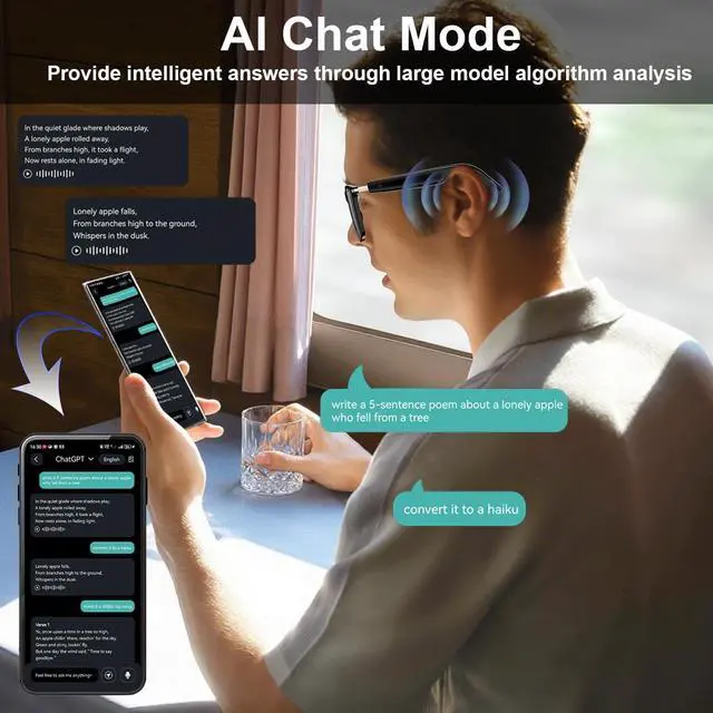 Alt view image 4 of 7 - AI Smart Glasses with ChatGPT, Bluetooth Glasses with 164+ Language & Accents, Photochromic Lens, Open-Ear Audio, Music & Hands-Free Calls, Voice Control, UV & Blue Light Protection, for Men & Women