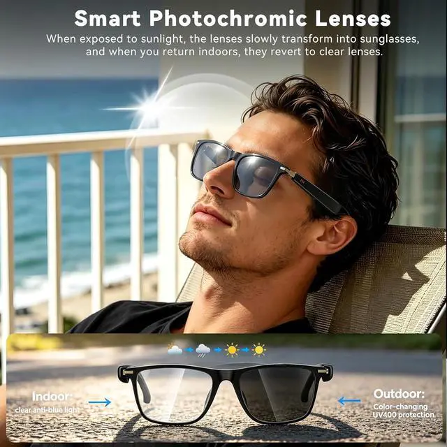 Alt view image 5 of 7 - AI Smart Glasses with ChatGPT, Bluetooth Glasses with 164+ Language & Accents, Photochromic Lens, Open-Ear Audio, Music & Hands-Free Calls, Voice Control, UV & Blue Light Protection, for Men & Women