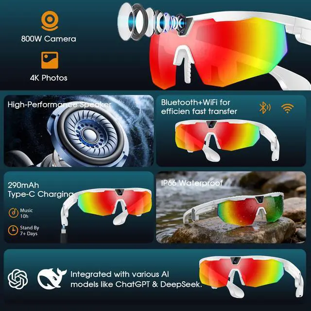 Alt view image 2 of 7 - AI Smart Glasses with Camera, 4K Video Recording & 32MP Photo, Polarized UV400 Sports Camera Sunglasses with EIS Stabilization, IP66 Waterproof Bluetooth Glasses for Men Women Cycling Hiking