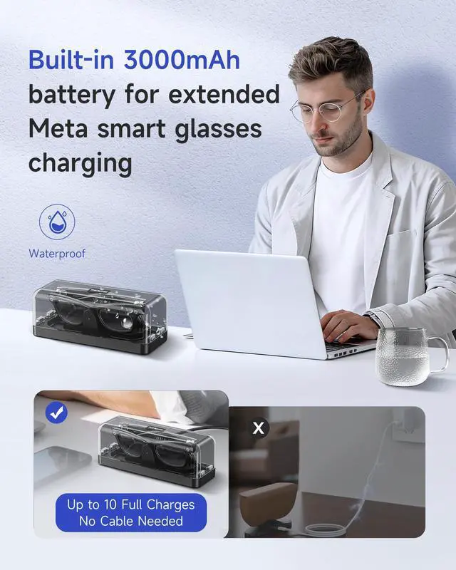 Alt view image 2 of 7 - Magnetic Charging Case for Ray-Ban Meta Gen 1 & 2, 3000mAh Power Bank | Fits Gen 1 & 2 Wayfarer, Headliner, Skyler | Gen 2 Blayzer/Scriber Optics | Oakley Meta HSTN | Up to 10 Recharges for Travel