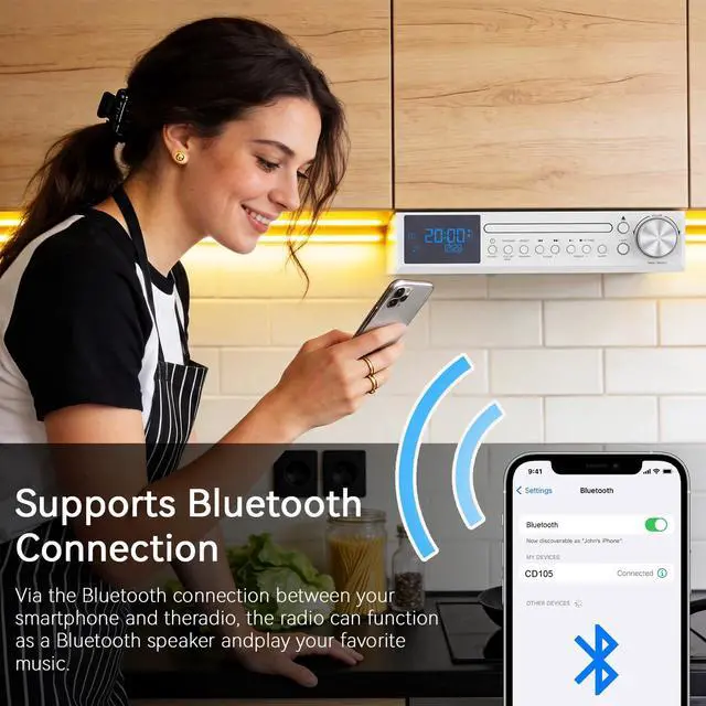 Alt view image 2 of 7 - Bluetooth CD Player,Under Cabinet Kitchen FM Radio CD Player White | Dual HD Speakers,Wireless Music System with LED Light,Remote Control,Kitchen Timer,Dual Alarm Clock