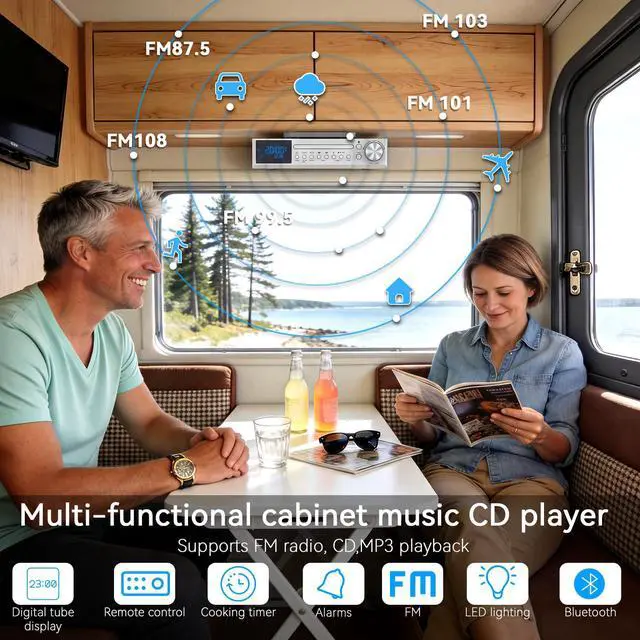 Alt view image 3 of 7 - Bluetooth CD Player,Under Cabinet Kitchen FM Radio CD Player White | Dual HD Speakers,Wireless Music System with LED Light,Remote Control,Kitchen Timer,Dual Alarm Clock
