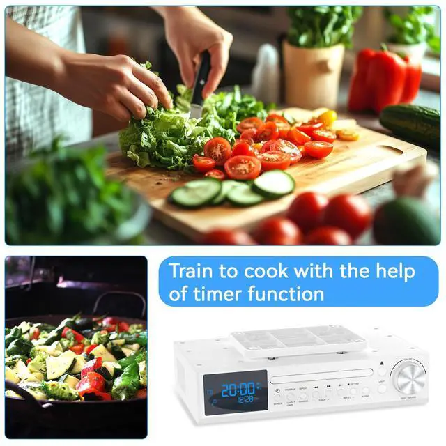 Alt view image 6 of 7 - Bluetooth CD Player,Under Cabinet Kitchen FM Radio CD Player White | Dual HD Speakers,Wireless Music System with LED Light,Remote Control,Kitchen Timer,Dual Alarm Clock