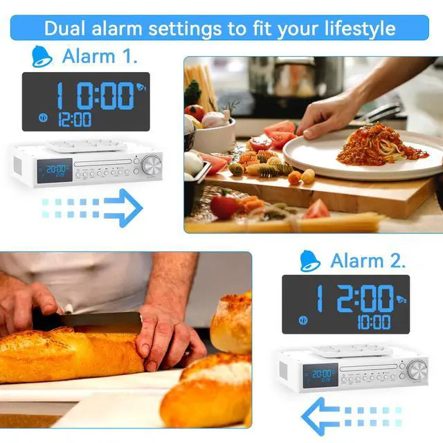 Alt view image 7 of 7 - Bluetooth CD Player,Under Cabinet Kitchen FM Radio CD Player White | Dual HD Speakers,Wireless Music System with LED Light,Remote Control,Kitchen Timer,Dual Alarm Clock