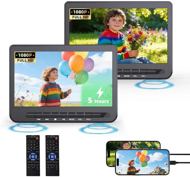 Main image of 10.5" Car DVD Player Dual Screen with 1080P HDMI Input, Dual Portable DVD Player for Car Play A Same or Two Different Movies, 5-Hour Rechargeable Battery, Support USB, Region Free,2 Brackets