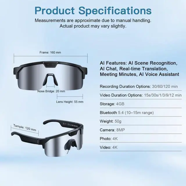 Alt view image 2 of 7 - AI Smart Glasses with Camera, 4K Video Recording Sunglasses with Camera | UV400 Polarized Lenses,Voice Assistant & 6-Axis EIS Stabilization, Unisex Bluetooth Glasses for Cycling/Hiking/Running-Silver