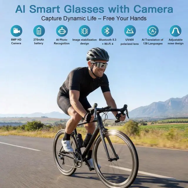 Alt view image 3 of 7 - AI Smart Glasses with Camera, 4K Video Recording Sunglasses with Camera | UV400 Polarized Lenses,Voice Assistant & 6-Axis EIS Stabilization, Unisex Bluetooth Glasses for Cycling/Hiking/Running-Silver
