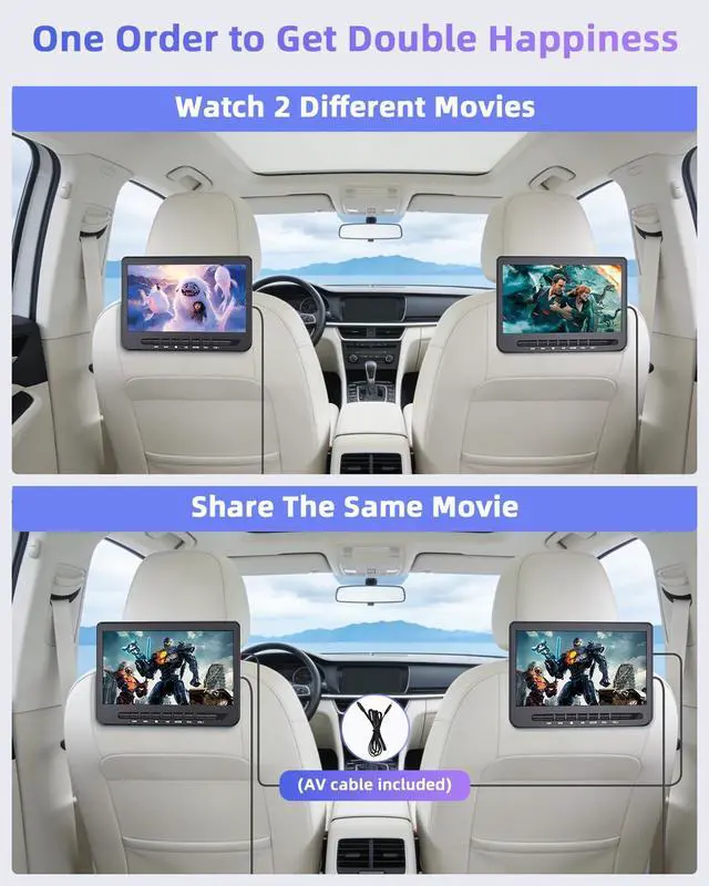 Alt view image 2 of 7 - 10.5" Car DVD Player Dual Screen with 1080P HDMI Input, Dual Portable DVD Player for Car Play A Same or Two Different Movies, 5-Hour Rechargeable Battery, Support USB, Region Free,2 Brackets
