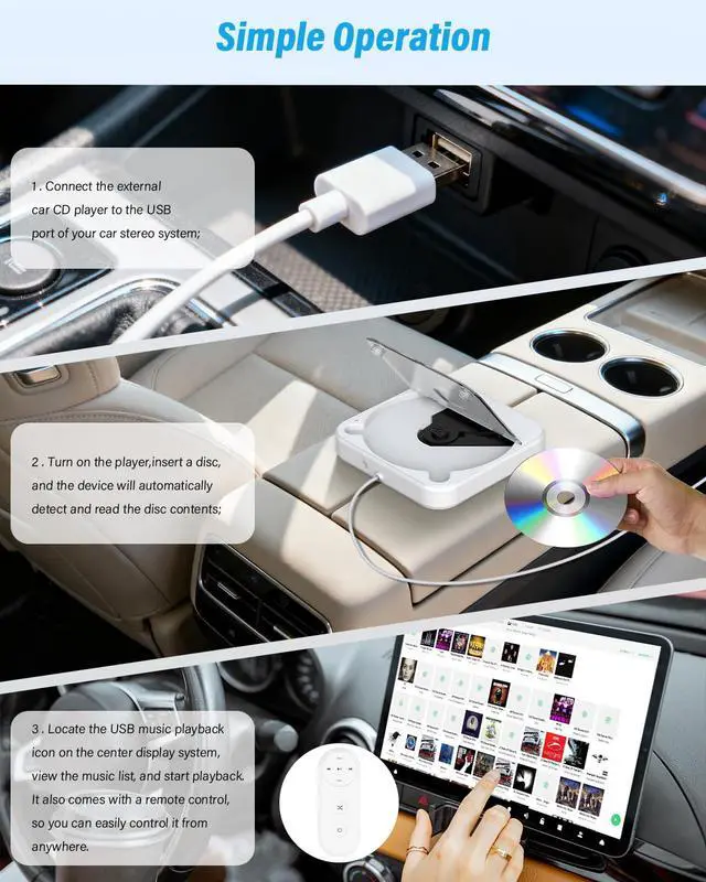 Alt view image 6 of 7 - External CD Player for Car, Portable Car CD Players with AUX Cable & Remote Control, Universal USB CD Player for Vehicle, Laptop, TV, Computer, for Android 4.4 and Above Navigation