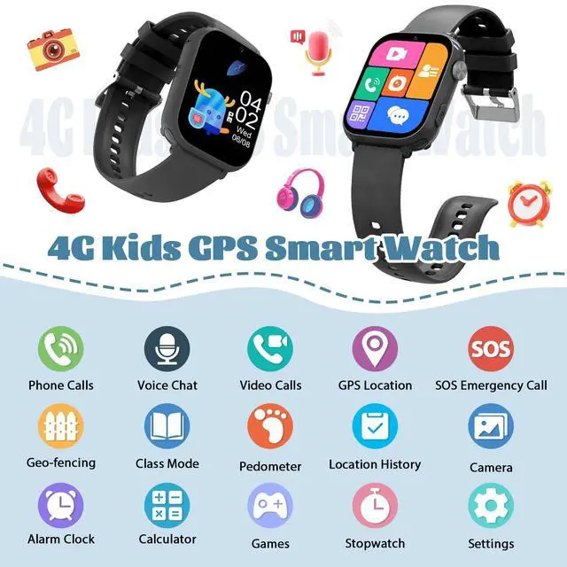 Alt view image 2 of 7 - 4G Kids Smart Watch for Boys Girls with GPS Tracker, SOS, Two Way Call Video Calling Voice Chat,School Mode, Alarm Clock,Safe Zones,Pedometer,Stopwatch,Games Children Smartwatch for 4-12 (4G Blac)