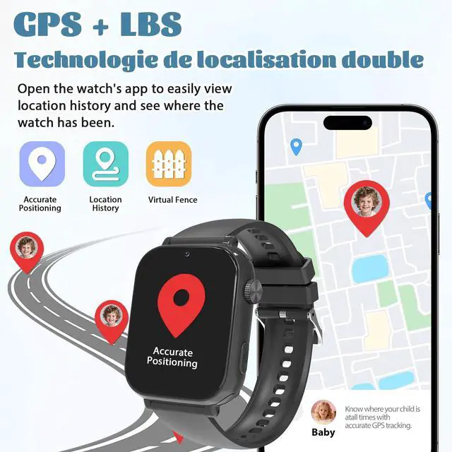 Alt view image 3 of 7 - 4G Kids Smart Watch for Boys Girls with GPS Tracker, SOS, Two Way Call Video Calling Voice Chat,School Mode, Alarm Clock,Safe Zones,Pedometer,Stopwatch,Games Children Smartwatch for 4-12 (4G Blac)