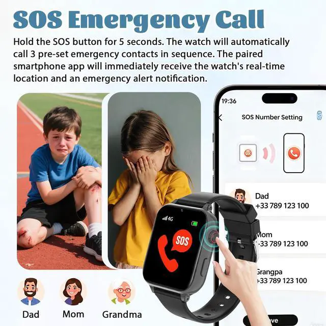 Alt view image 4 of 7 - 4G Kids Smart Watch for Boys Girls with GPS Tracker, SOS, Two Way Call Video Calling Voice Chat,School Mode, Alarm Clock,Safe Zones,Pedometer,Stopwatch,Games Children Smartwatch for 4-12 (4G Blac)
