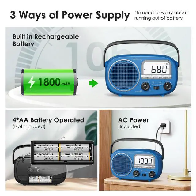 Alt view image 3 of 7 - Portable AM FM Rechargeable Bluetooth Radio with Clock | AC Power/ AA Batteries/ Rechargeable Battery Radio, Alarm Clock, Sleep Timer, Clear Lcd Display For Seniors,Home,Kitchen