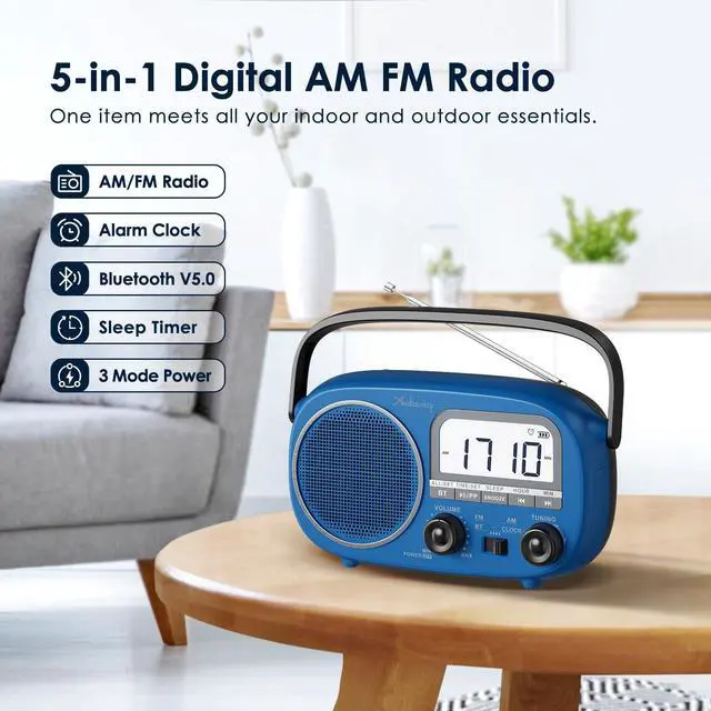 Alt view image 2 of 7 - Portable AM FM Rechargeable Bluetooth Radio with Clock | AC Power/ AA Batteries/ Rechargeable Battery Radio, Alarm Clock, Sleep Timer, Clear Lcd Display For Seniors,Home,Kitchen