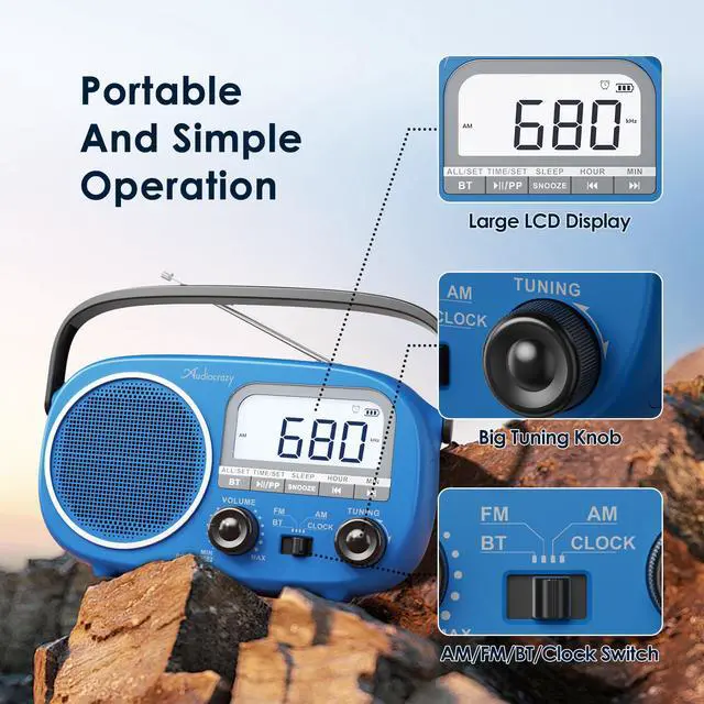 Alt view image 7 of 7 - Portable AM FM Rechargeable Bluetooth Radio with Clock | AC Power/ AA Batteries/ Rechargeable Battery Radio, Alarm Clock, Sleep Timer, Clear Lcd Display For Seniors,Home,Kitchen