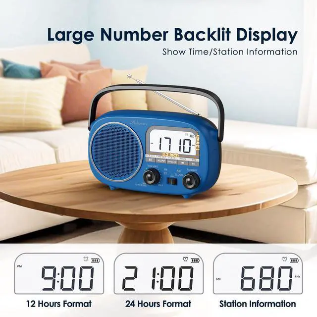 Alt view image 6 of 7 - Portable AM FM Rechargeable Bluetooth Radio with Clock | AC Power/ AA Batteries/ Rechargeable Battery Radio, Alarm Clock, Sleep Timer, Clear Lcd Display For Seniors,Home,Kitchen