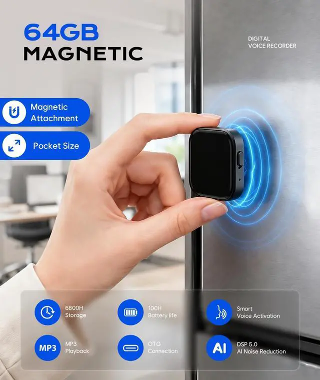 Alt view image 2 of 6 - 64GB (6800Hours) Magnetic Voice Activated Recorder with DSP AI Noise Reduction, Digital Voice Recorder with OTG File Transfer & Playback, Audio Recorder Portable for Lectures, Meetings & Interviews