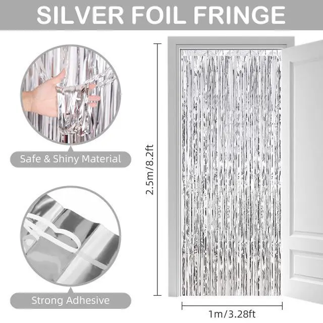 Alt view image 3 of 7 - 30 Pack Silver Foil Fringe Curtain Backdrop, 3.3x8.2 Feet Metallic Tinsel Streamer Curtains Photo Booth Props for Birthday/Wedding/Bachelorette/Baby Shower/Christmas/New Year/Disco Party Decorations