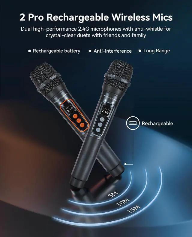 Alt view image 3 of 7 - GKD40 Portable Karaoke Machine for Kids & Adults, Bluetooth Speaker with PA System, 2 Wireless Rechargeable Microphones, LED Party Speaker with 4' Woofers & LED Light for Home, Outdoor Party & Singing