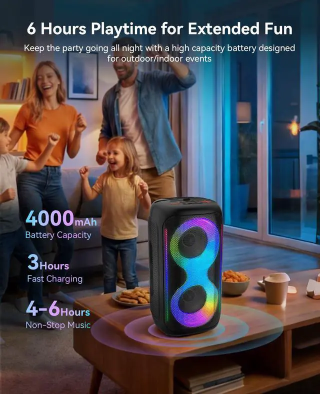 Alt view image 4 of 7 - GKD40 Portable Karaoke Machine for Kids & Adults, Bluetooth Speaker with PA System, 2 Wireless Rechargeable Microphones, LED Party Speaker with 4' Woofers & LED Light for Home, Outdoor Party & Singing