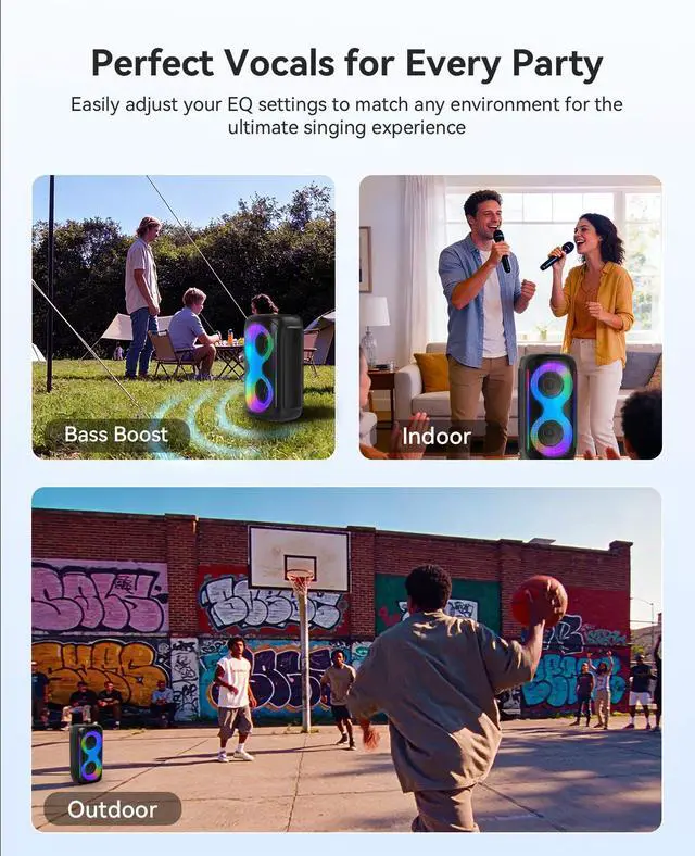 Alt view image 6 of 7 - GKD40 Portable Karaoke Machine for Kids & Adults, Bluetooth Speaker with PA System, 2 Wireless Rechargeable Microphones, LED Party Speaker with 4' Woofers & LED Light for Home, Outdoor Party & Singing