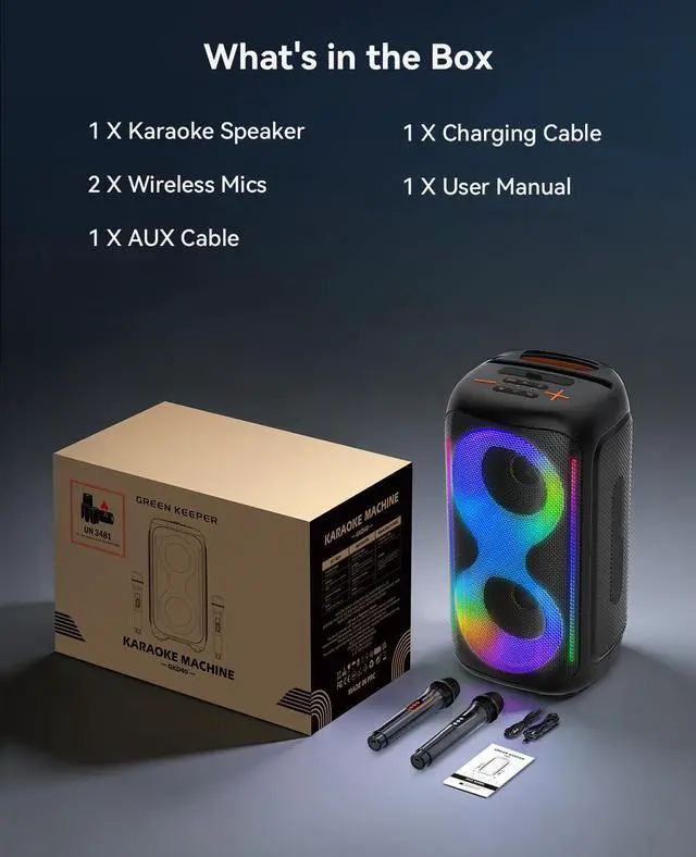 Alt view image 7 of 7 - GKD40 Portable Karaoke Machine for Kids & Adults, Bluetooth Speaker with PA System, 2 Wireless Rechargeable Microphones, LED Party Speaker with 4' Woofers & LED Light for Home, Outdoor Party & Singing
