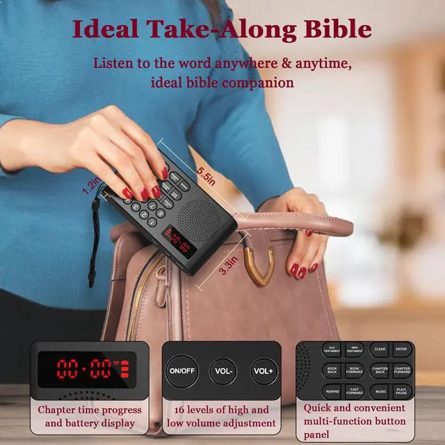 Alt view image 5 of 7 - KJV Audio Bible Player for Seniors & Blind, Portable Talking Bible | King James Version Electronic Bible, Old & New Testament, 26H Playtime, Quick Navigation, Displays Real-time Power for Gift