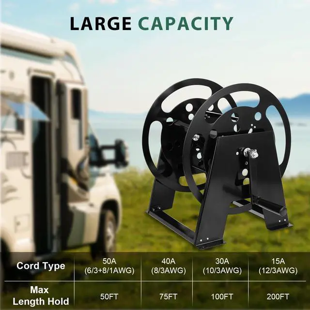 Alt view image 4 of 6 - RV Extension Cord Storage Reel, Mountable Metal Reel Frame | Holds Up To 200 Feet Of 15A (12/3 AWG), Power Cord Reel with Durable Bearings Foldable Handle