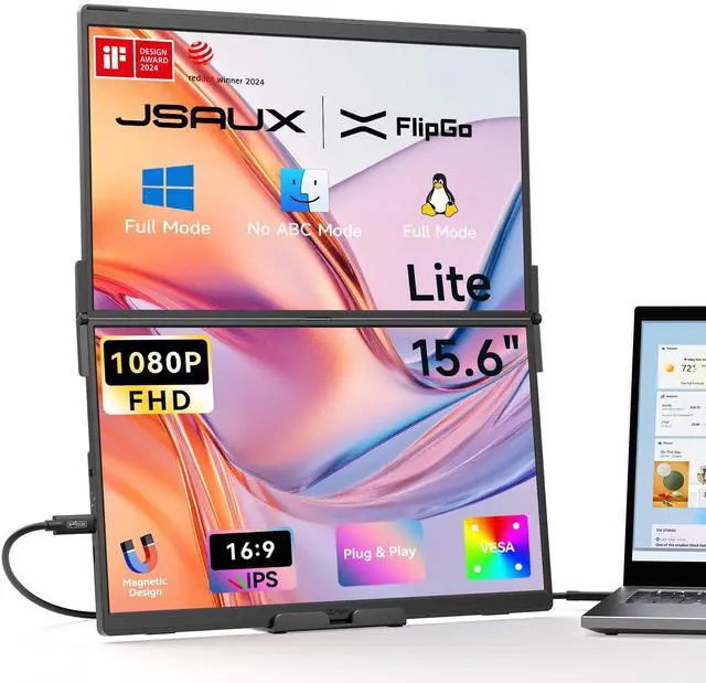 Main image of FlipGo Lite 15.6" Portable Dual Stacked Monitor, 1080P FHD IPS | One-cable triple-monitor setup with magnetic design and built-in hub; no driver required for Windows and Linux laptops