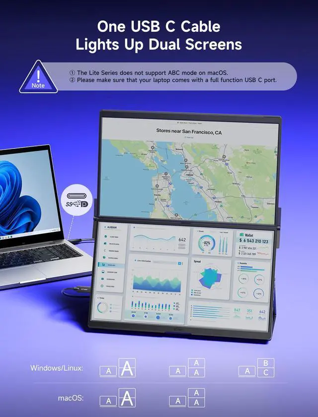 Alt view image 4 of 7 - FlipGo Lite 15.6" Portable Dual Stacked Monitor, 1080P FHD IPS | One-cable triple-monitor setup with magnetic design and built-in hub; no driver required for Windows and Linux laptops
