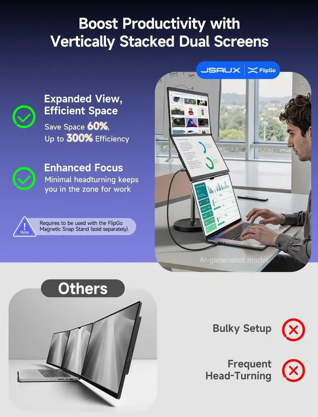 Alt view image 6 of 7 - FlipGo Lite 15.6" Portable Dual Stacked Monitor, 1080P FHD IPS | One-cable triple-monitor setup with magnetic design and built-in hub; no driver required for Windows and Linux laptops