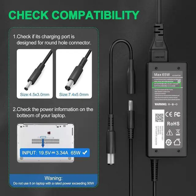 Alt view image 3 of 6 - 65W Laptop Charger for dell Inspiron,AC Adapter Compatible with Dell Inspiron 11 13 15 17 Charger 11-3000 13-7000 15-7000 15-5000 17-7000 17-5000 17-3000 3452 5570 with 2 Tips (4.5mm + 7.4mm)
