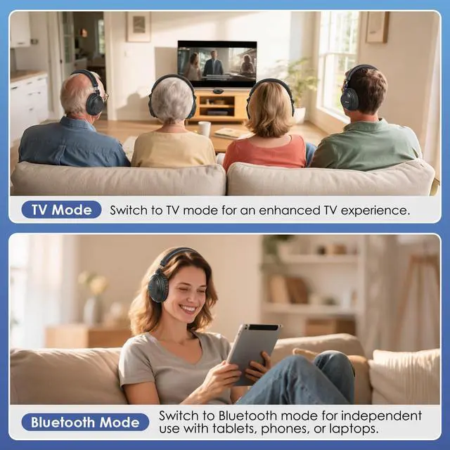 Alt view image 3 of 7 - Bluetooth Wireless Headphones for TV Group Listening Clear Sound | 1 Transmitter 4 Rechargeable Headsets, Separate Volume Control & 3 EQ for Each Use Set, for Parties, Silent Discos, Church