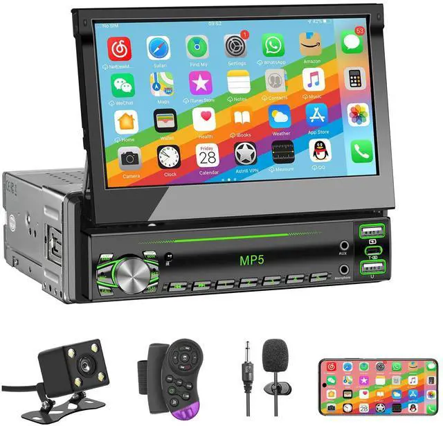 Main image of Single DIN Touchscreen Radio, Flip Up Screen Car Stereo with Bluetooth, Flip Out Single DIN Radio Supports MirrorLink, FM Radio, EQ, 1080P, USB, Aux-in HD Backup Camera & SWC for Car Audio Upgrade