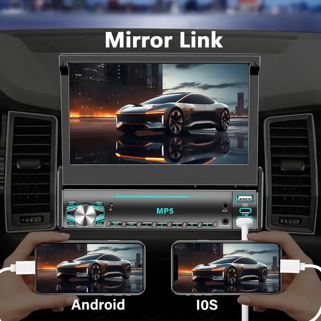 Alt view image 2 of 7 - Single DIN Touchscreen Radio, Flip Up Screen Car Stereo with Bluetooth, Flip Out Single DIN Radio Supports MirrorLink, FM Radio, EQ, 1080P, USB, Aux-in HD Backup Camera & SWC for Car Audio Upgrade