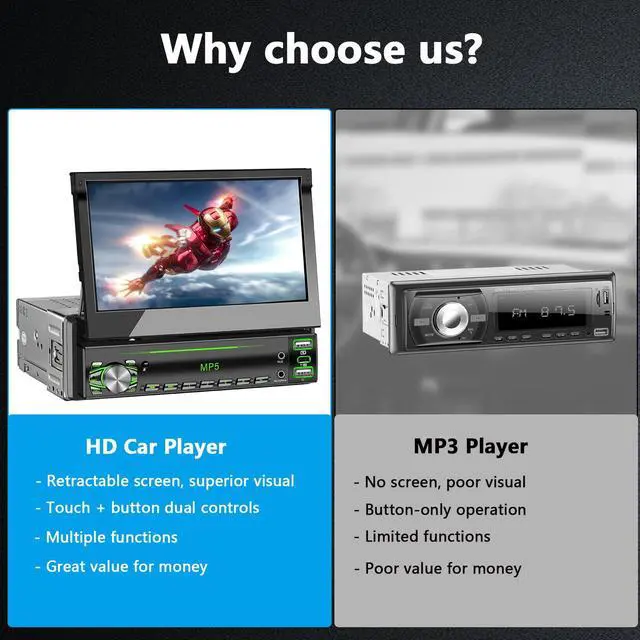 Alt view image 3 of 7 - Single DIN Touchscreen Radio, Flip Up Screen Car Stereo with Bluetooth, Flip Out Single DIN Radio Supports MirrorLink, FM Radio, EQ, 1080P, USB, Aux-in HD Backup Camera & SWC for Car Audio Upgrade