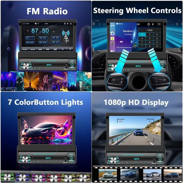 Alt view image 5 of 7 - Single DIN Touchscreen Radio, Flip Up Screen Car Stereo with Bluetooth, Flip Out Single DIN Radio Supports MirrorLink, FM Radio, EQ, 1080P, USB, Aux-in HD Backup Camera & SWC for Car Audio Upgrade