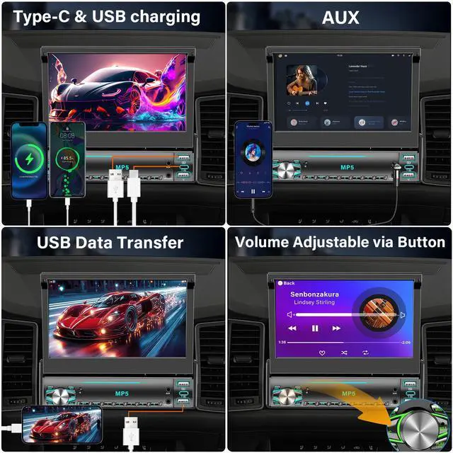 Alt view image 6 of 7 - Single DIN Touchscreen Radio, Flip Up Screen Car Stereo with Bluetooth, Flip Out Single DIN Radio Supports MirrorLink, FM Radio, EQ, 1080P, USB, Aux-in HD Backup Camera & SWC for Car Audio Upgrade