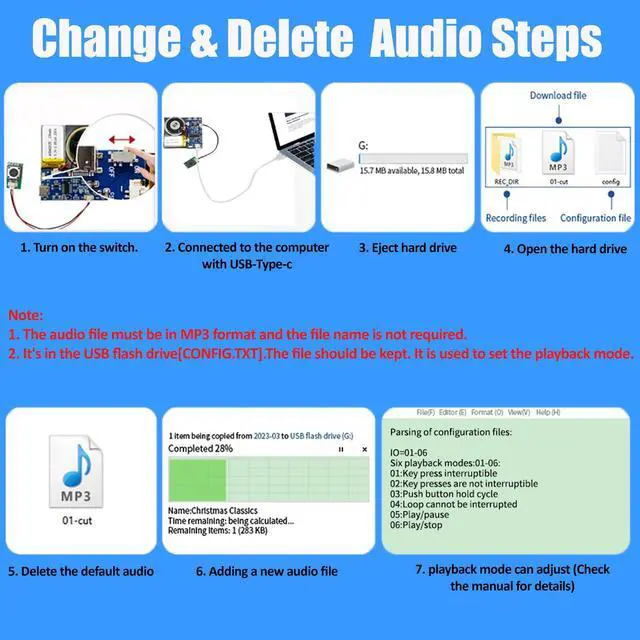 Alt view image 6 of 7 - Module - 16MB Push Button Activated Sound Module with Speaker, Type-C Cable, and Easy Recording Capability16 Minutes for Personalized Greetings, DIY Projects, and Holiday Crafts (Blue-2Pack)