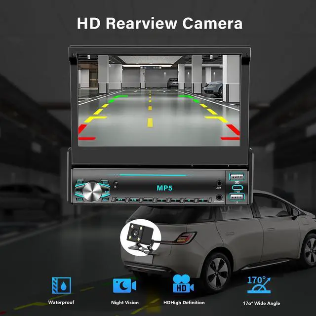 Alt view image 7 of 7 - Single DIN Touchscreen Radio, Flip Up Screen Car Stereo with Bluetooth, Flip Out Single DIN Radio Supports MirrorLink, FM Radio, EQ, 1080P, USB, Aux-in HD Backup Camera & SWC for Car Audio Upgrade