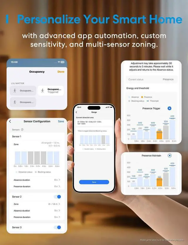 Alt view image 6 of 7 - Presence Sensor MS605, IP67 Battery-Powered, Matter Over Thread | Supports HomeKit, Alexa, Google, Home Assistant, AI Learning Smart Motion Sensor, 4-in-1 PIR & Light & mmWave Radar 1 Pack