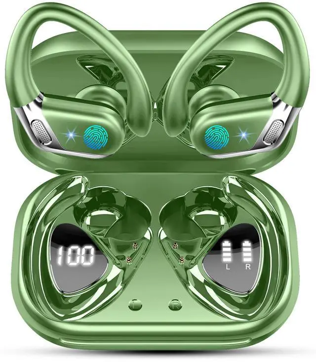 Main image of Wireless Earbuds, Bluetooth 5.4 Headphones Sport, 75H Deep Bass Sound Over Ear Buds with 4 ENC Noise Cancelling Mic, Dual LED Display, IP7 Waterproof Earphones with Earhook for Workout, Green