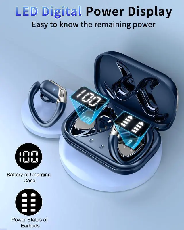 Alt view image 5 of 7 - Wireless Earbuds, Bluetooth 5.4 Headphones Sport, 75H Deep Bass Sound Over Ear Buds with 4 ENC Noise Cancelling Mic, Dual LED Display, IP7 Waterproof Earphones with Earhook for Workout, Green