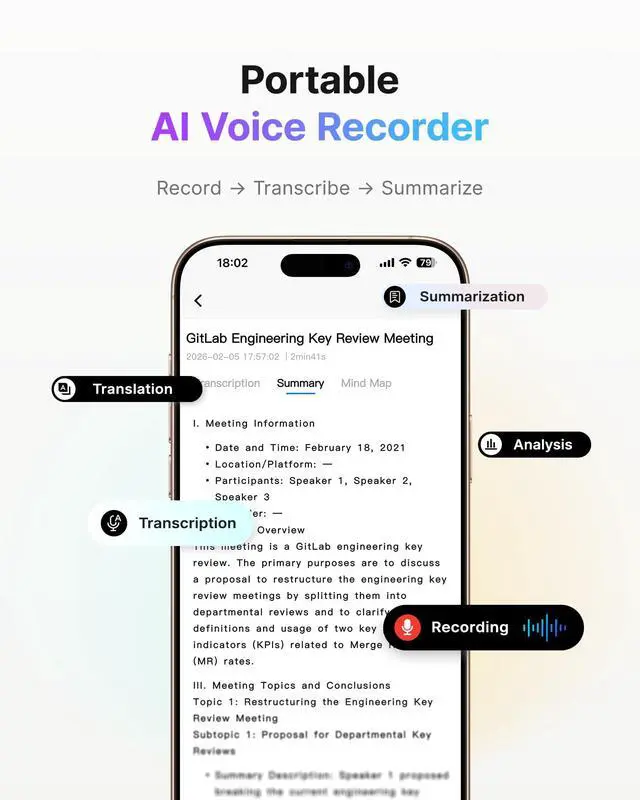 Alt view image 2 of 7 - Notra AI Voice Recorder for Meetings & Calls,Interviews & Teams, Black | Ai Note Taker with Transcription & Summary, 64GB Storage, Secure Cloud Sync, Supports 140+ Languages, MagSafe Compatible