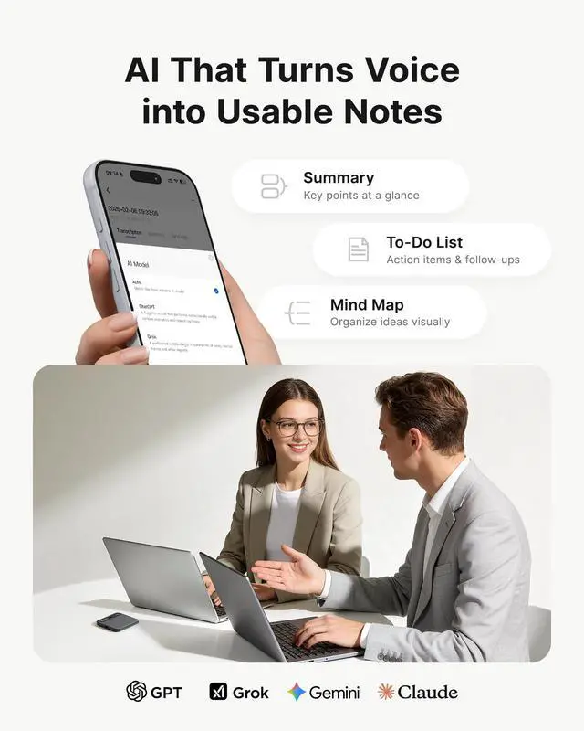 Alt view image 5 of 7 - Notra AI Voice Recorder for Meetings & Calls,Interviews & Teams, Black | Ai Note Taker with Transcription & Summary, 64GB Storage, Secure Cloud Sync, Supports 140+ Languages, MagSafe Compatible