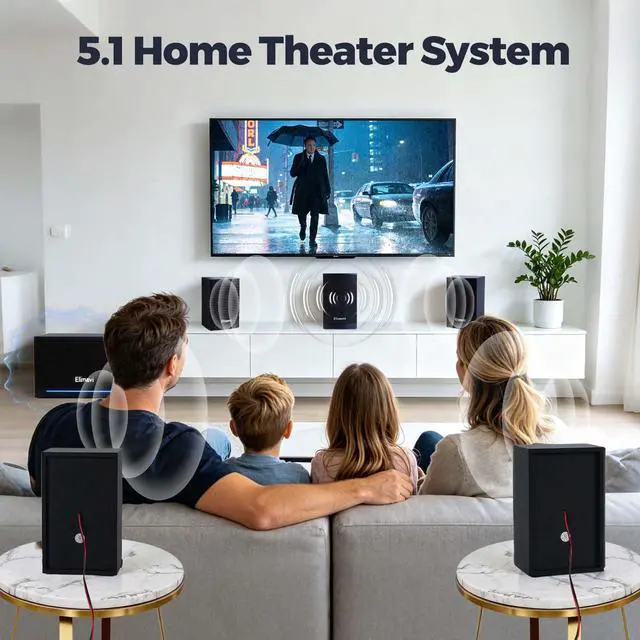 Alt view image 6 of 7 - 5.1 Surround Sound Systems Home Theater System, Wired Surround Sound Speaker System with 6.5" Subwoofer, Bluetooth 5.3 Audio System for TV Living Room, RCA Coaxial Optical Input, Metal Mesh